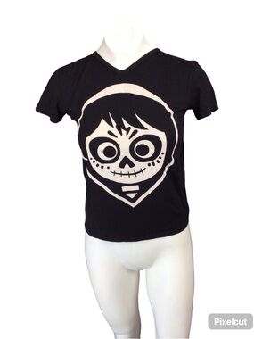 Black V-Neck Tee with White Skull Graphic